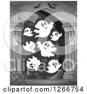 Clipart Of A Spider Webs Bats And Ghosts In A Grayscale Haunted Hallway Royalty Free Vector Illustration