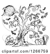 Poster, Art Print Of Black And White Sketched Spooky Tree In A Cemetery With Bats And A Jackolantern