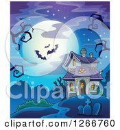 Poster, Art Print Of Full Moon And Bats With Creepy Bare Tree Branches Over A Haunted Halloween House