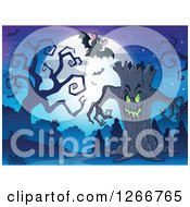Clipart Of A Spooky Ent Tree With Bats In A Cemetery Against A Full Moon Royalty Free Vector Illustration
