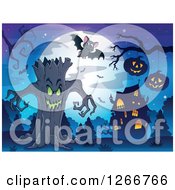 Poster, Art Print Of Spooky Ent Tree With Bats Jackolanterns And A Haunted House Against A Full Moon