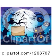 Poster, Art Print Of Wood Sign Hanging From A Bare Tree With An Owl Jackolanterns Bats Full Moon And Haunted House