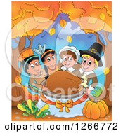 Poster, Art Print Of Happy Pilgrims And Native American Indians Holding A Thanksgiving Roasted Turkey Under Autumn Trees