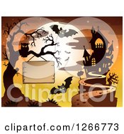 Poster, Art Print Of Wood Sign Hanging From A Bare Tree With An Owl Bats Full Moon And Haunted House