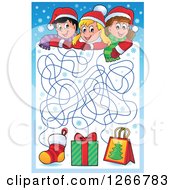 Poster, Art Print Of Christmas Maze With Children Leading To A Stocking Gift And Bag