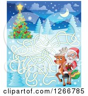 Clipart Of A Christmas Maze With Santa Riding A Reindeer Royalty Free Vector Illustration