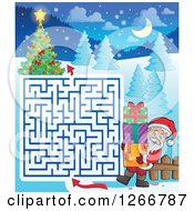 Poster, Art Print Of Christmas Maze With Santa Carrying Gifts To A Tree