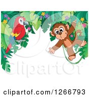 Poster, Art Print Of Border Of Jungle Foliage With A Parrot And Monkey