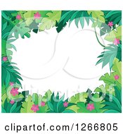 Poster, Art Print Of Border Of Green Jungle Foliage And Pink Flowers Over White Text Space
