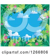 Poster, Art Print Of Border Of Green Jungle Foliage And Pink Flowers Over Sky Text Space