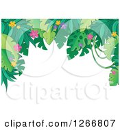 Poster, Art Print Of Border Of Green Jungle Foliage And Colorful Flowers Over White Text Space
