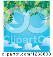 Poster, Art Print Of Border Of Green Jungle Foliage And Colorful Flowers Over Sky Text Space