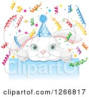 Cute White Bunny Rabbit With A Party Hat And Ribbon Confetti Over A Blue Sign