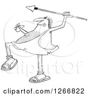 Clipart Of A Black And White Hairy Caveman Throwing A Spear Royalty Free Vector Illustration