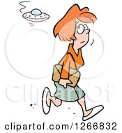 Clipart Of A Red Haired White Woman Walking And Encountering A UFO Royalty Free Vector Illustration