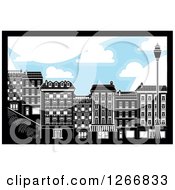 Clipart Of Black And White City Buildings Under A Cloudy Blue Sky Royalty Free Vector Illustration