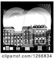 Black And White City Buildings With A Border And Dots
