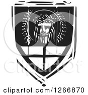 Clipart Of A Black And White Woodcut Heraldic Jesus Christ Shield Royalty Free Vector Illustration by xunantunich