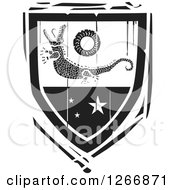 Clipart Of A Black And White Woodcut Heraldic Crocodile Shield Royalty Free Vector Illustration by xunantunich