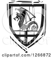 Poster, Art Print Of Black And White Woodcut Heraldic Dragon Shield