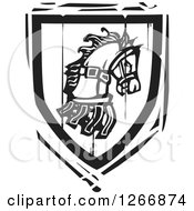 Poster, Art Print Of Black And White Woodcut Heraldic Horse Shield