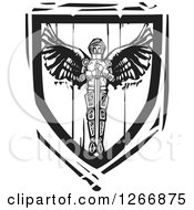 Clipart Of A Black And White Woodcut Heraldic Winged Knight And Sword Shield Royalty Free Vector Illustration by xunantunich