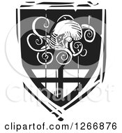 Clipart Of A Black And White Woodcut Heraldic Octopus Shield Royalty Free Vector Illustration by xunantunich