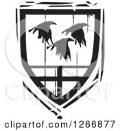 Poster, Art Print Of Black And White Woodcut Heraldic Flying Ravens Shield