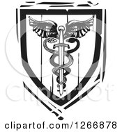 Poster, Art Print Of Black And White Woodcut Heraldic Double Snake Caduceus With A Winged Sword Shield