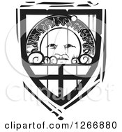 Poster, Art Print Of Black And White Woodcut Heraldic Sun Shield