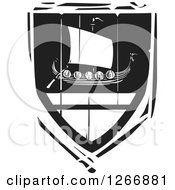 Clipart Of A Black And White Woodcut Heraldic Viking Longship Shield Royalty Free Vector Illustration by xunantunich