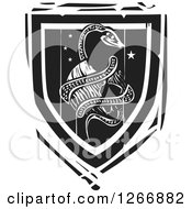 Clipart Of A Black And White Woodcut Heraldic Midgard Serpent Coiled Around Planet Earth Shield Royalty Free Vector Illustration