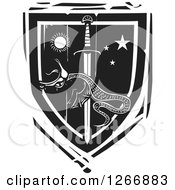 Clipart Of A Black And White Woodcut Heraldic Dragon And Sword Shield Royalty Free Vector Illustration by xunantunich