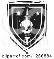 Clipart Of A Black And White Woodcut Heraldic Sword Through A Skull Shield Royalty Free Vector Illustration