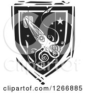 Clipart Of A Black And White Woodcut Heraldic Squid Shield Royalty Free Vector Illustration by xunantunich