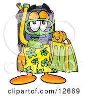 Suitcase Cartoon Character In Green And Yellow Snorkel Gear