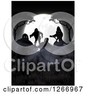 Clipart Of A Halloween Background Of A Full Moon And Walking Zombies Royalty Free Vector Illustration