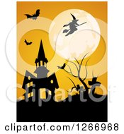 Poster, Art Print Of Full Moon With A Witch And Bats Over A Halloween Haunted House And Cemetery