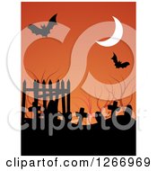 Poster, Art Print Of Halloween Background Of A Crescent Moon Bats And Tombstones Over Orange