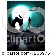 Poster, Art Print Of Halloween Background Of A Full Moon And Bat Over A Crow In A Cemtery
