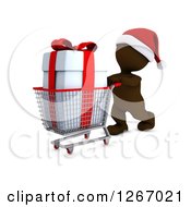 3d Brown Man Christmas Shopping And Pushing A Big Gift In A Cart