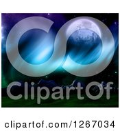 Clipart Of A 3d Fictional Planet And Northern Lights Over Mountains Royalty Free Illustration