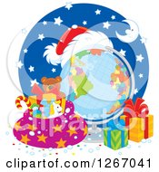Poster, Art Print Of Christmas Desk Globe With A Santa Hat Sack And Presents