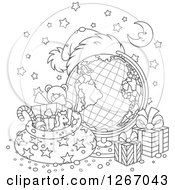 Poster, Art Print Of Black And White Christmas Desk Globe With A Santa Hat Sack And Presents