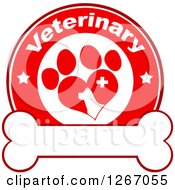Poster, Art Print Of Red And White Veterinary Circle Of A Silhouetted Dog In A Heart Shaped Paw Print With Stars And A Cross Over A Bone
