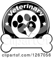 Poster, Art Print Of Black And White Veterinary Circle Of A Silhouetted Dog In A Heart Shaped Paw Print With Stars And A Cross Over A Bone
