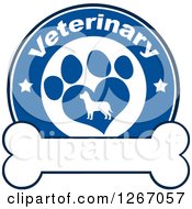 Poster, Art Print Of Blue And White Veterinary Circle Of A Silhouetted Dog In A Heart Shaped Paw Print With Stars Over A Bone