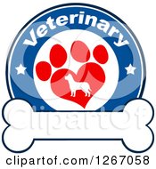 Poster, Art Print Of Blue And White Veterinary Circle Of A Silhouetted Dog In A Red Heart Shaped Paw Print With Stars Over A Bone