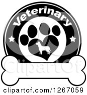 Poster, Art Print Of Black And White Veterinary Circle Of A Silhouetted Dog In A Heart Shaped Paw Print With Stars Over A Bone