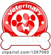Poster, Art Print Of Red And White Veterinary Circle Of A Silhouetted Dog In A Heart Shaped Paw Print With Stars Over A Bone